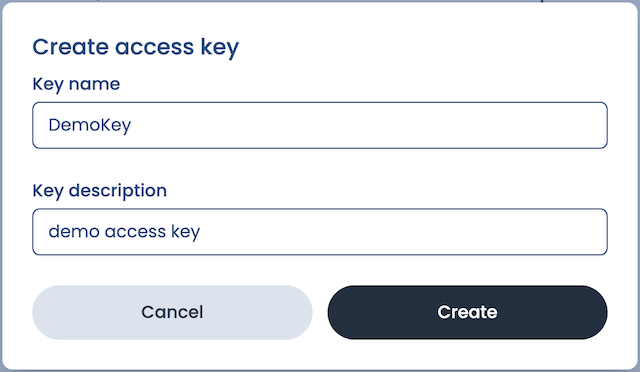 API key creation screen with fields for name and description